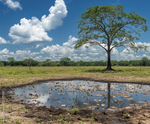 A lone tree stands over a drying waterhole, its reflection captured in the diminishing pool. This scene symbolizes climate change and water scarcity challenges.