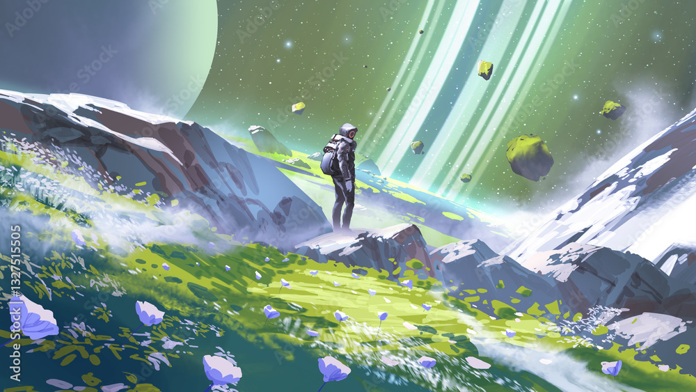 Fototapeta premium An astronaut stands on a vibrant landscape surrounded by floating rocks and gazes at the massive rings of a distant planet in space, digital art style, illustration painting