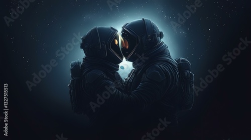 Two astronauts share a tender moment amidst the stars, their helmets gently touching in a cosmic embrace