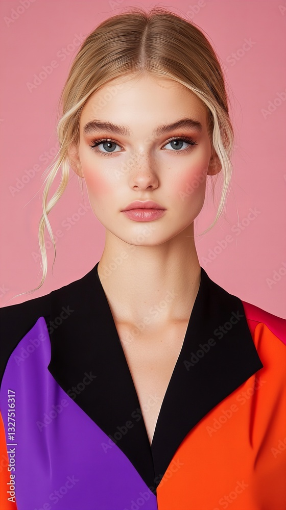 Portrait of a young woman with blonde hair and freckles, wearing a colorful collared shirt. Her makeup is soft and natural, enhancing her features. Portrait of a young woman with blonde hair and freckles, wearing a colorful collared shirt. Her makeup is soft and natural, enhancing her features.