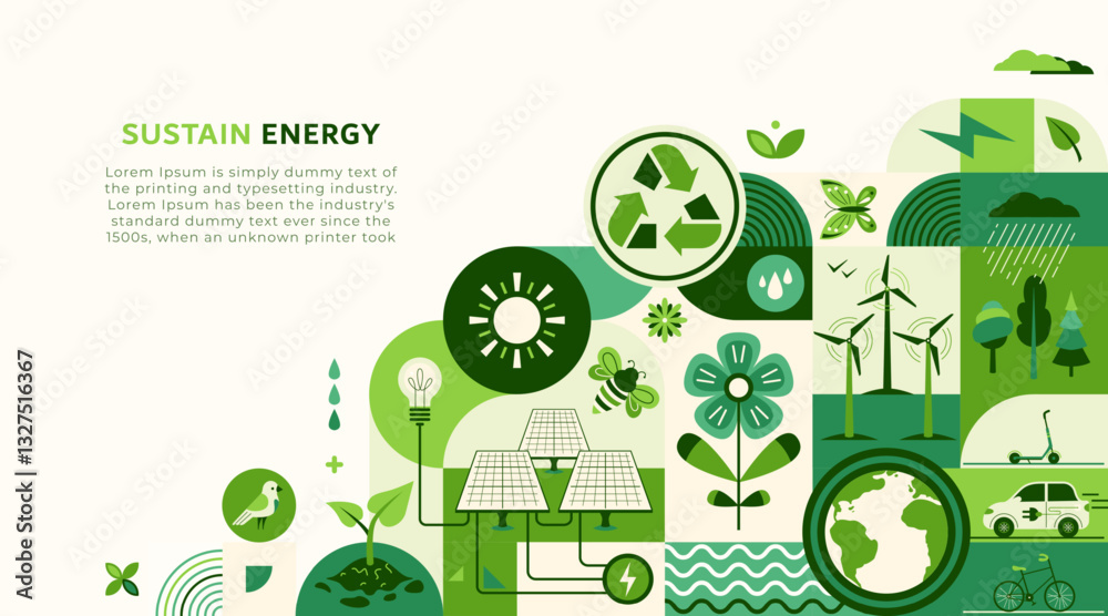 Green energy, sustain environment vector illustration. Ecology icons, recycle energy technology concept for eco friendly background. Save planet banner design in flat modern style, geometric shape