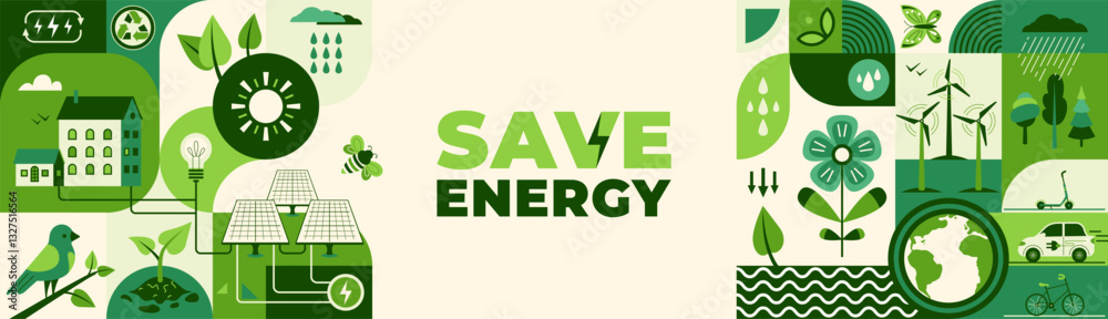 Green energy, sustain environment vector illustration. Ecology icons, recycle technology concept for eco friendly background. Save energy banner design in flat modern style, geometric shape