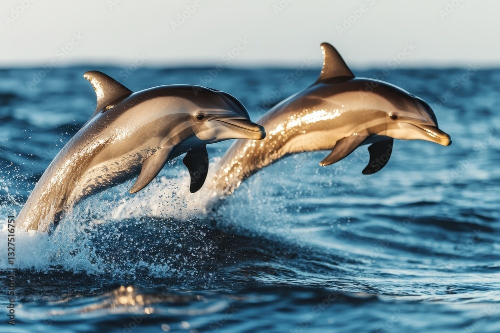 Obraz premium Dolphins leaping in the ocean coastal waters wildlife photography natural environment dynamic perspective marine life beauty