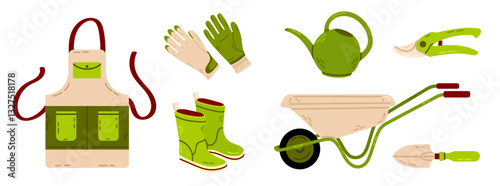 A collection of gardening tools including a watering can, wheelbarrow, gloves, pruning shears, boots, and apron. Perfect for horticulture and backyard work.