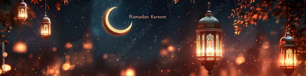 Naklejka premium Ramadan Kareem written in an ornate, hand-drawn style, with a blurred background of traditional Arabic patterns and a golden crescent moon, enhancing the cultural and artistic feel.