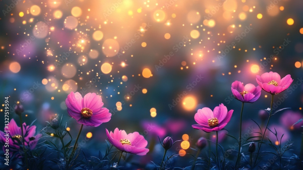 Obraz premium Magical cosmos flowers at dusk with fairy lights bokeh