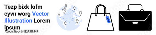 Map with pinpoints showing connectivity, sleek shopping bag with price tag, professional briefcase symbolizing trade, retail, travel, globalization, networking, finance, marketing flat landing page