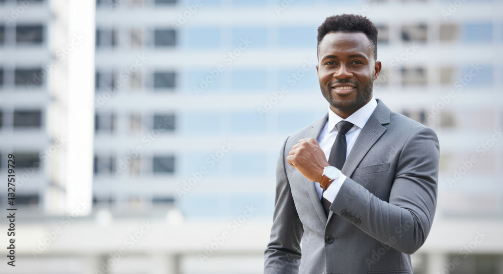 Confident african male adult in grey suit with watch in urban setting Confident african male adult in grey suit with watch in urban setting