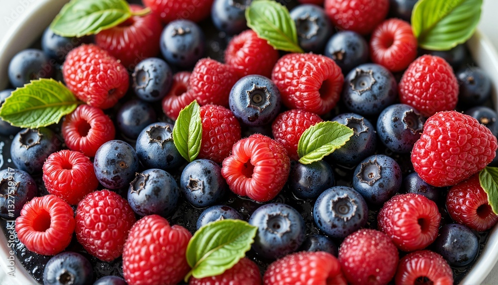 Fresh raspberries and blueberries with mint leaves in a bowl Fresh raspberries and blueberries with mint leaves in a bowl