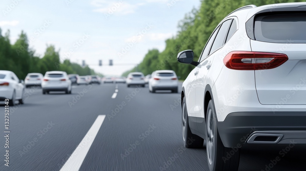 Modern White SUV Driving on a Highway Surrounded by Other Vehicles on a Bright Clear Day Modern White SUV Driving on a Highway Surrounded by Other Vehicles on a Bright Clear Day