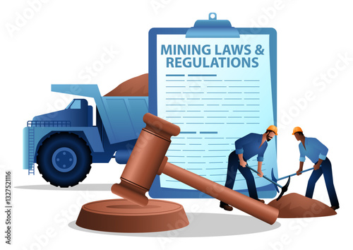 Vector illustration of mining laws with a legal document, gavel, miners, and a dump truck. Represents industry regulations, compliance, resource extraction policies, and corporate governance