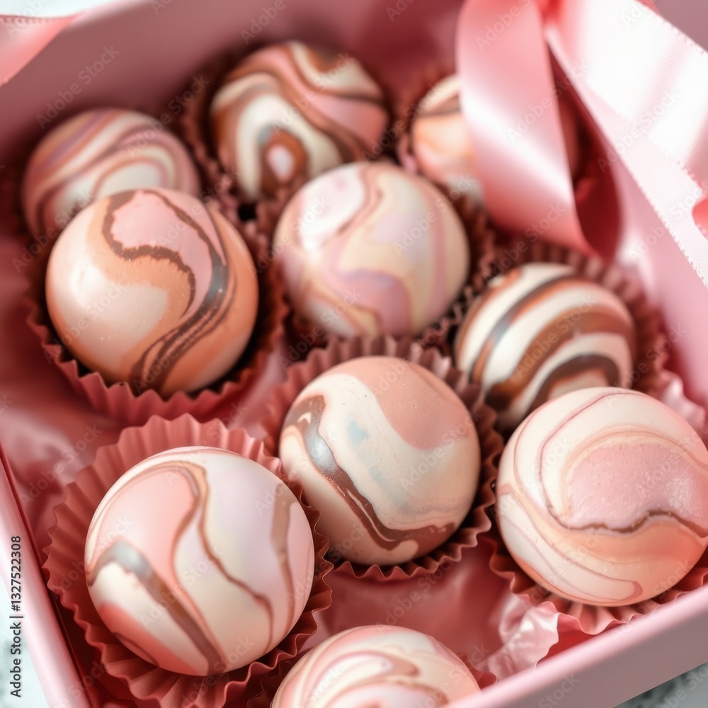 Fototapeta premium Assorted chocolate truffles with marbled pink and brown designs arranged in a pink box with ribbon.