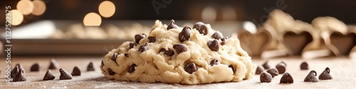  Cookie dough with chocolate chips scattered throughout, with a blurred background of cookie cutters and a baking tray, creating a fun and festive baking moment.