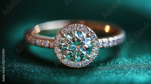 A close-up of an engagement ring set with glittering diamonds. The green ring rests on a green satin piece.