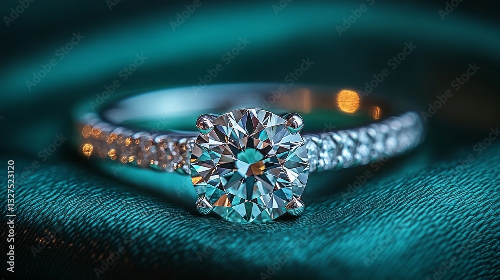 A close-up of an engagement ring set with glittering diamonds. The green ring rests on a green satin piece. A close-up of an engagement ring set with glittering diamonds. The green ring rests on a green satin piece.