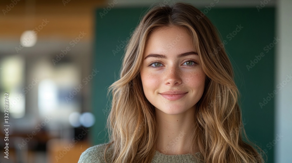 Smiling woman in office with blurred background Smiling woman in office with blurred background