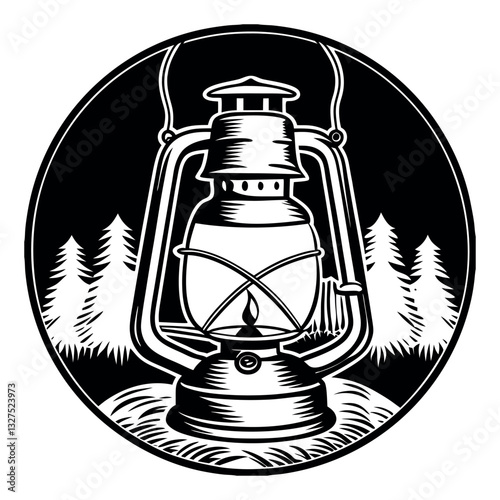 Vector illustrations depict an antique metal oil lantern and an old glass kerosene lamp, isolated retro lighting objects