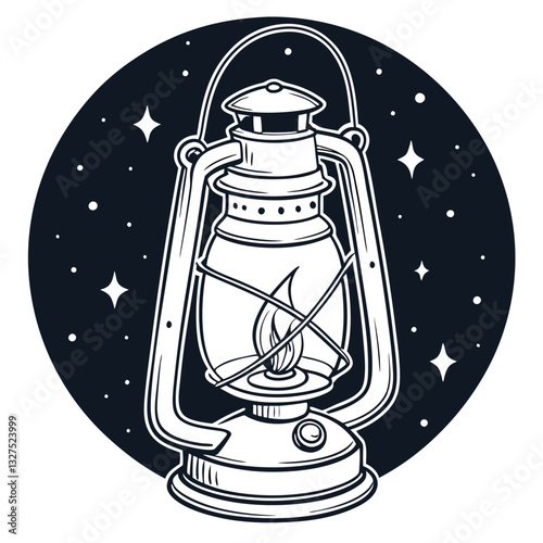 Vector illustrations depict an antique metal oil lantern and an old glass kerosene lamp, isolated retro lighting objects