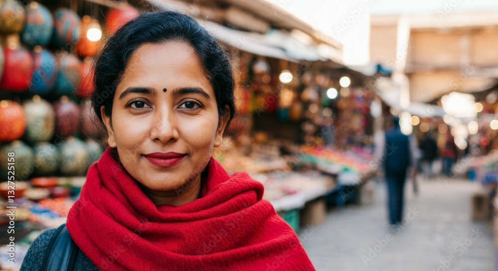 Fototapeta premium Mature asian female smiling in colorful market with red scarf