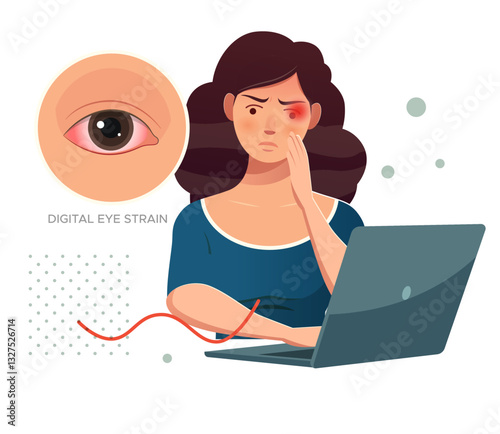 Digital Eye Strain, Person sitting on worktable with eye strain - Stock Illustration