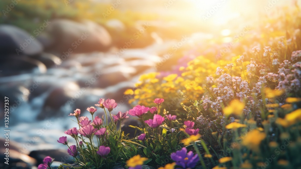 Obraz premium Vibrant Blossoms Adorn Rivers at Golden Hour