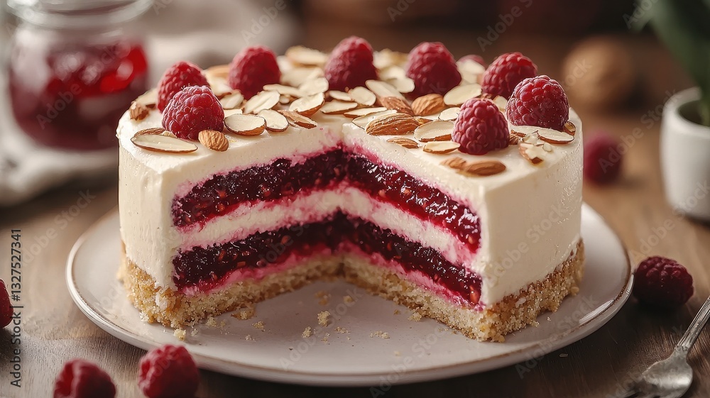 World baking day with homemade cake concept. Delicious raspberry cake with cream and almonds on top. World baking day with homemade cake concept. Delicious raspberry cake with cream and almonds on top.