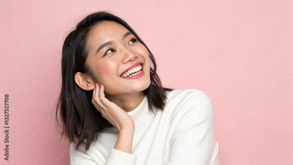 A Radiant Young Woman With A Bright, Hopeful Smile, Gazing Towards A Brighter Future Against A Soft Pink Backdrop A Radiant Young Woman With A Bright, Hopeful Smile, Gazing Towards A Brighter Future Against A Soft Pink Backdrop