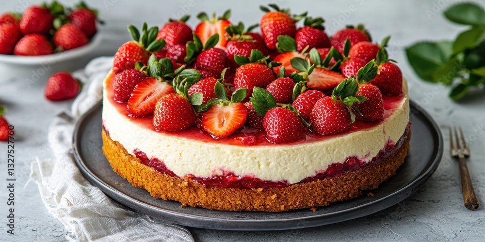 World baking day with homemade cake concept. Delicious strawberry cheesecake on a gray plate. World baking day with homemade cake concept. Delicious strawberry cheesecake on a gray plate.