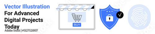 Shopping cart with buy button, secure shield with padlock and checkmark, fingerprint authentication. Ideal for online stores, cybersecurity, payment systems, trust, biometrics, privacy flat landing