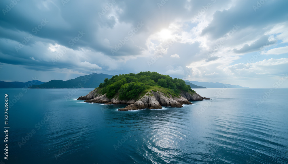 Isolated island with lush greenery under cloudy sky Isolated island with lush greenery under cloudy sky