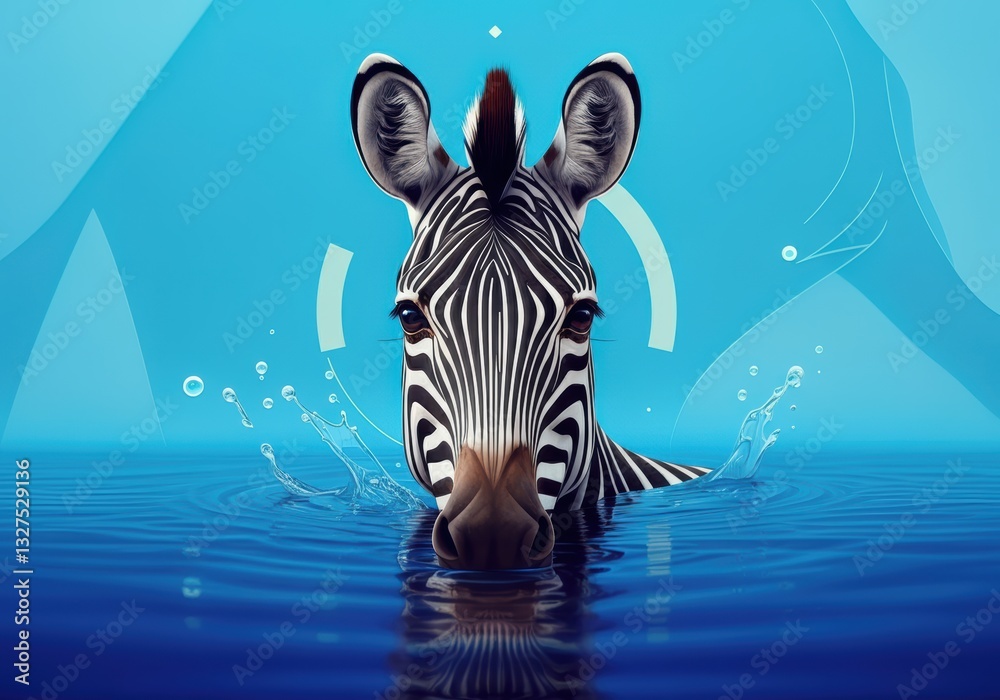 Fototapeta premium Zebra emerging from water with a vibrant blue background