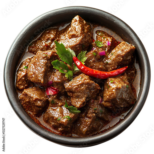 A Bowl of Indonesian Rendang Beef Curry Isolated on Transparent Background