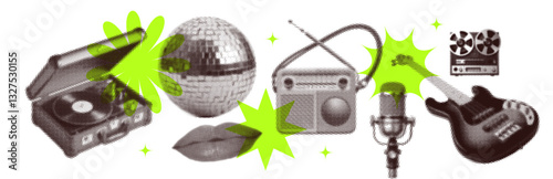 Vintage music collection with retro radio, vinyl player, mike, recorder isolated on transparent background, dotted halftone collage cut-out retro technology disco elements. Vector