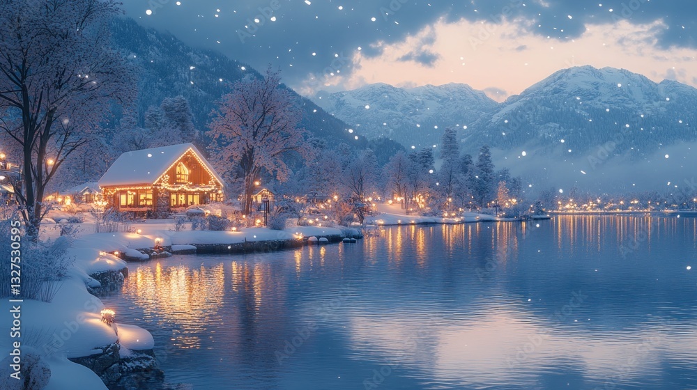 Fototapeta premium Snowy Lakeside Cabin Village at Dusk