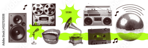 Vintage gramophone, cassette, speaker, tape recorder in halftone dot design, retro music concept, antique audio equipment collection. Vector set