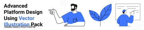 Man pointing outward with confidence, blue leaf symbolizing growth, professional analyzing data on board. Ideal for teamwork, education, design, guidance, strategy, innovation flat landing page