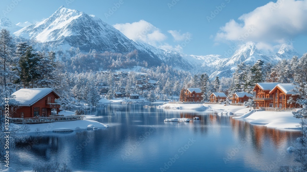 Fototapeta premium Snowy mountain lake village, winter landscape, chalet reflections
