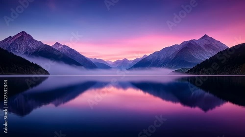 Serene Mountain Lake at Dawn: A Breathtaking Panorama