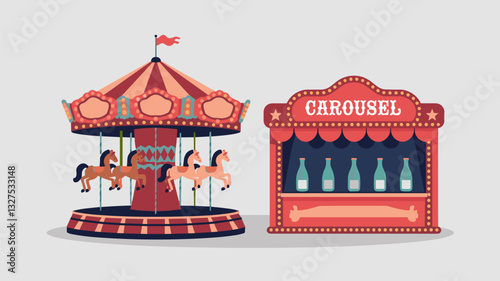 Charming illustration of a vintage carousel with wooden horses and a colorful refreshment stand. Perfect for themes of nostalgia, amusement parks, and childhood fun.