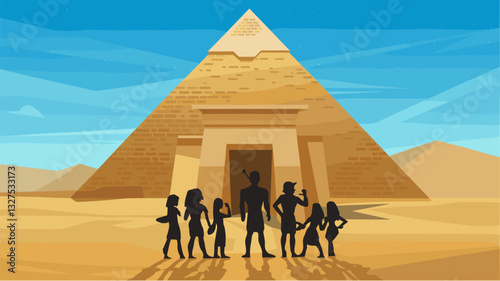 A group of silhouettes stands before the majestic Great Pyramid of Giza, symbolizing adventure and archaeological wonder in a mesmerizing desert landscape.