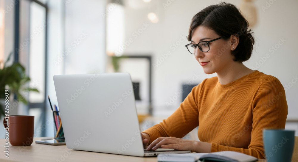 Young asian adult woman working on laptop in modern office setting Young asian adult woman working on laptop in modern office setting