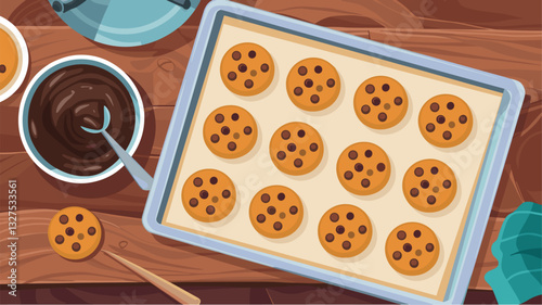 A flat lay of fresh chocolate chip cookie dough on a baking tray, surrounded by chocolate and kitchen utensils, showcasing a cozy baking scene.