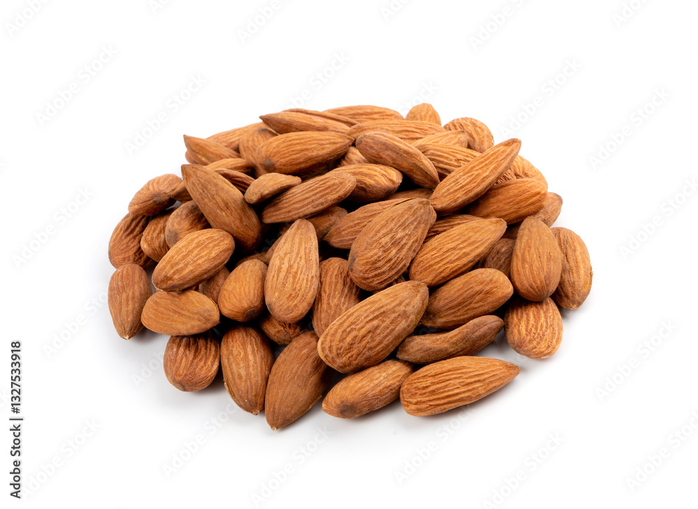 Almonds pile isolated, nut group, almond seeds, brown scattered fruit kernels on white background Almonds pile isolated, nut group, almond seeds, brown scattered fruit kernels on white background