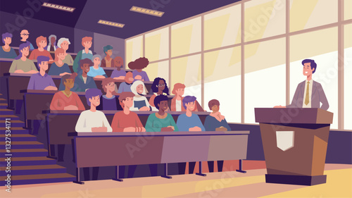 A vibrant illustration of a diverse group of students attentively listening to a speaker in a modern classroom setting. Ideal for educational themes.