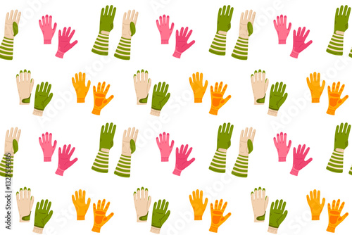 A digital seamless pattern with colorful gardening gloves in pink, yellow, and green shades, great for print and design projects.