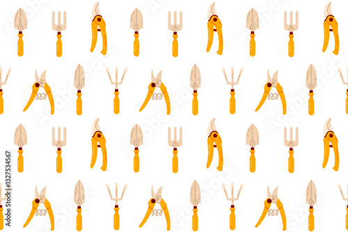 Seamless pattern of various gardening tools like pruners, forks, and trowels in a yellow and brown color scheme, perfect for digital and print designs.