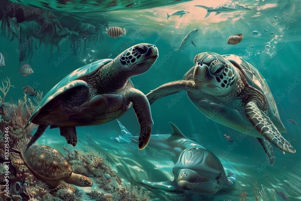Fototapeta premium Two sea turtles swim gracefully in a peaceful underwater sanctuary, a dolphin rests nearby on the ocean floor, A peaceful underwater sanctuary where sea turtles and dolphins coexist harmoniously