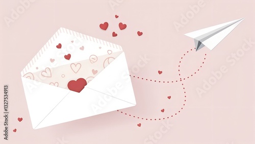 A whimsical illustration depicting a white envelope overflowing with hearts, accompanied by a paper airplane leaving a trail of hearts in its wake.