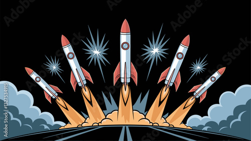 An eye-catching illustration of multiple rockets launching with vibrant flames and stars. Perfect for tech, innovation, and space-themed projects.