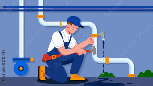 A skilled plumber kneels beside a leaking pipe, skillfully using a wrench to fix the issue. A modern and colorful depiction, showcasing plumbing work.